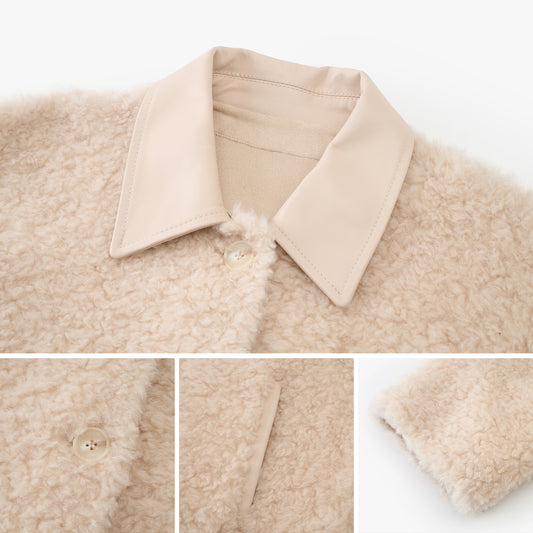Leather-Collar Teddy-Texture Wool Jacket
