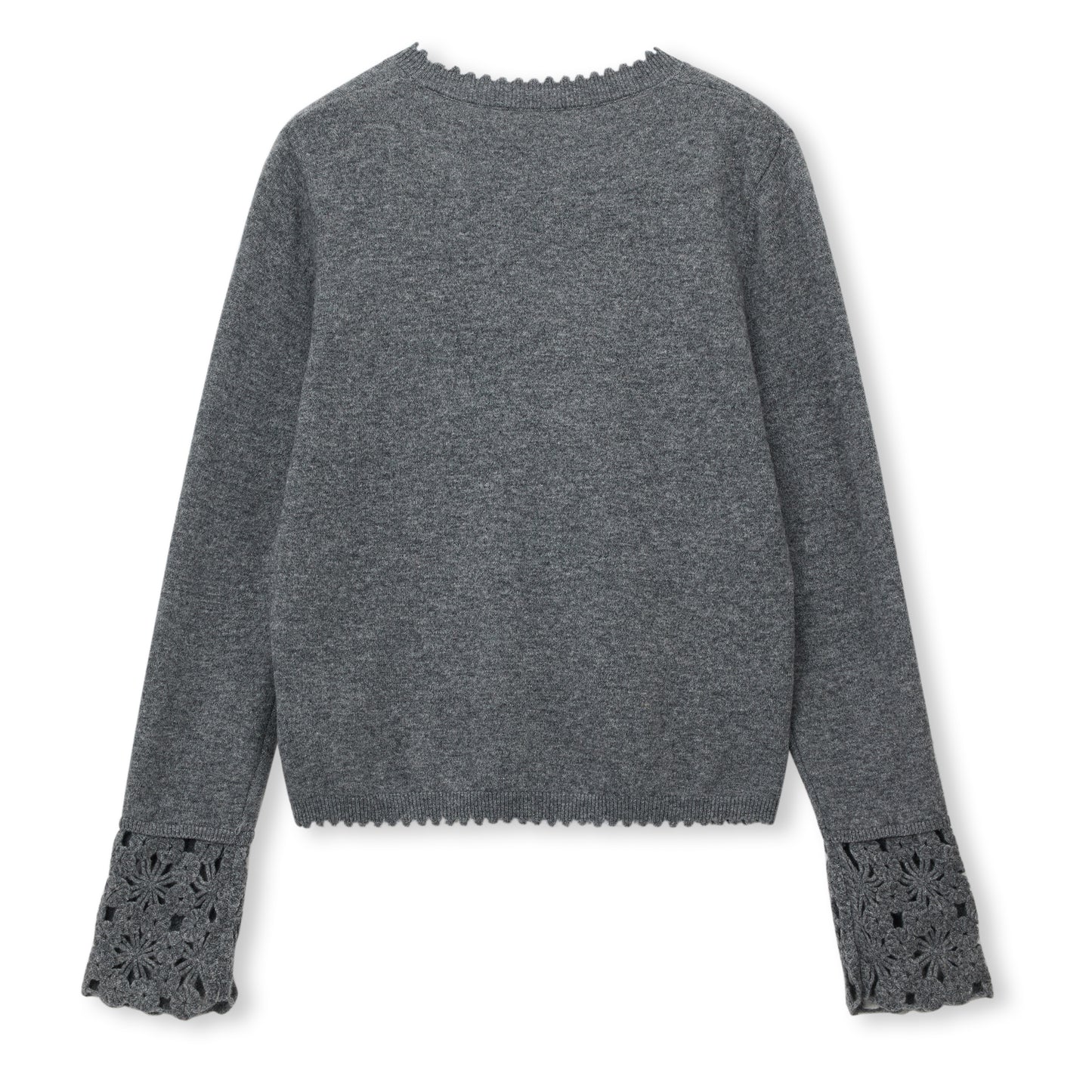 Crochet-Cuff Pullover Wool Crewneck Sweater