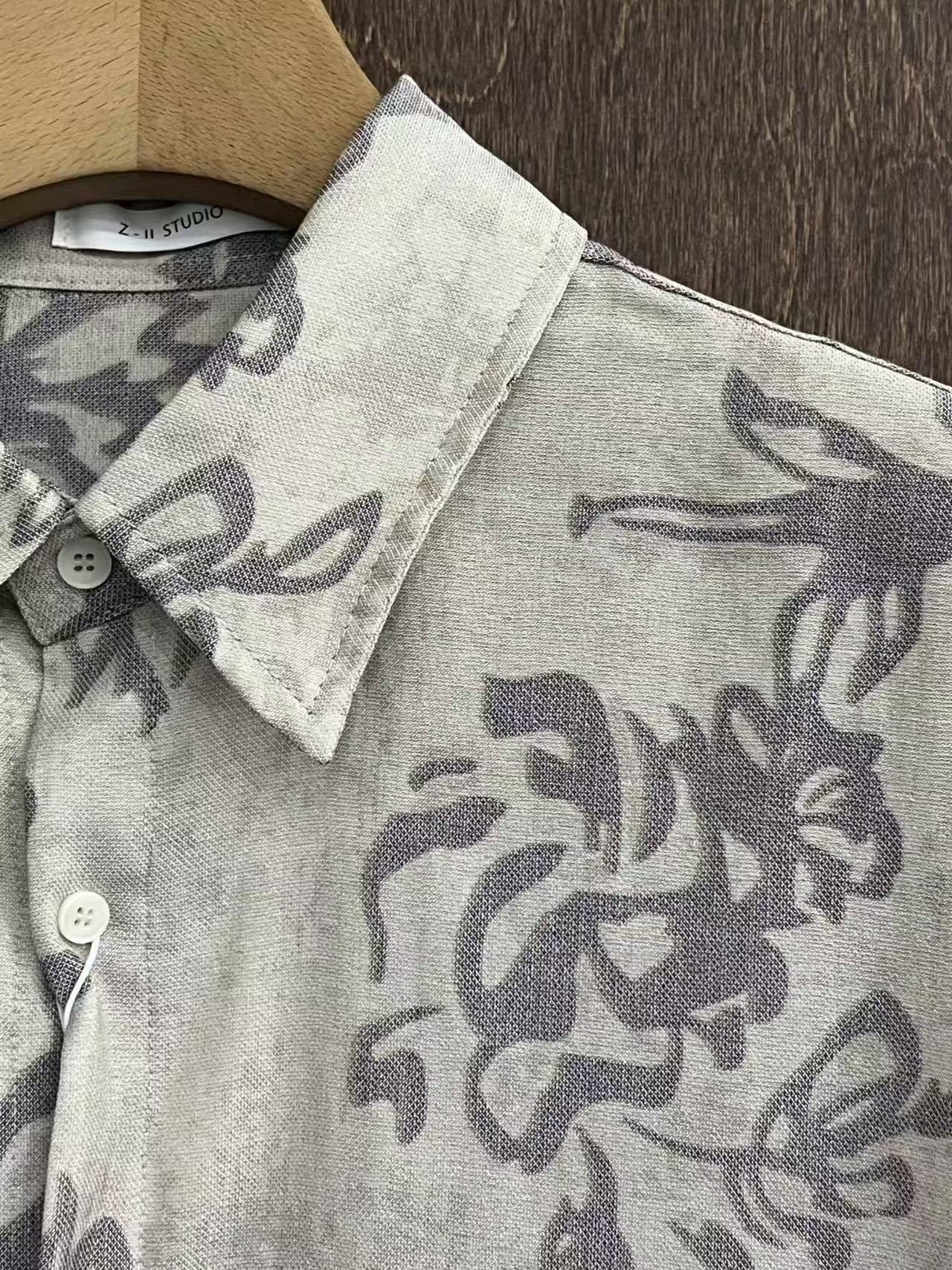 Abstract Floral Linen-Blend Shirt