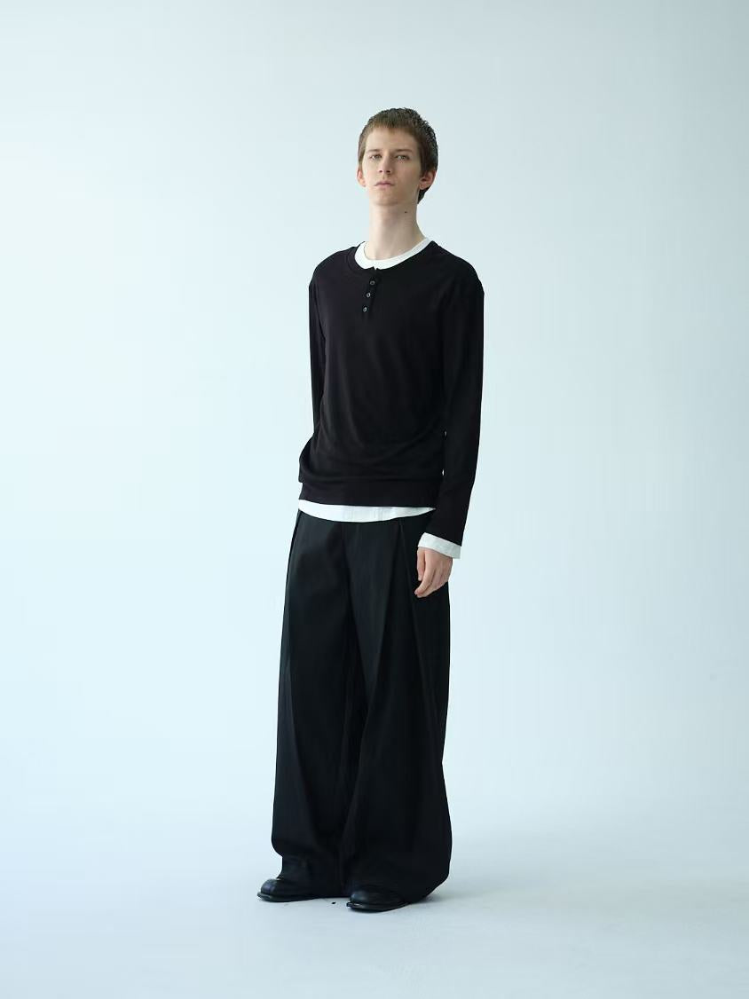 Layered-Collar Henley Long-Sleeve Tee