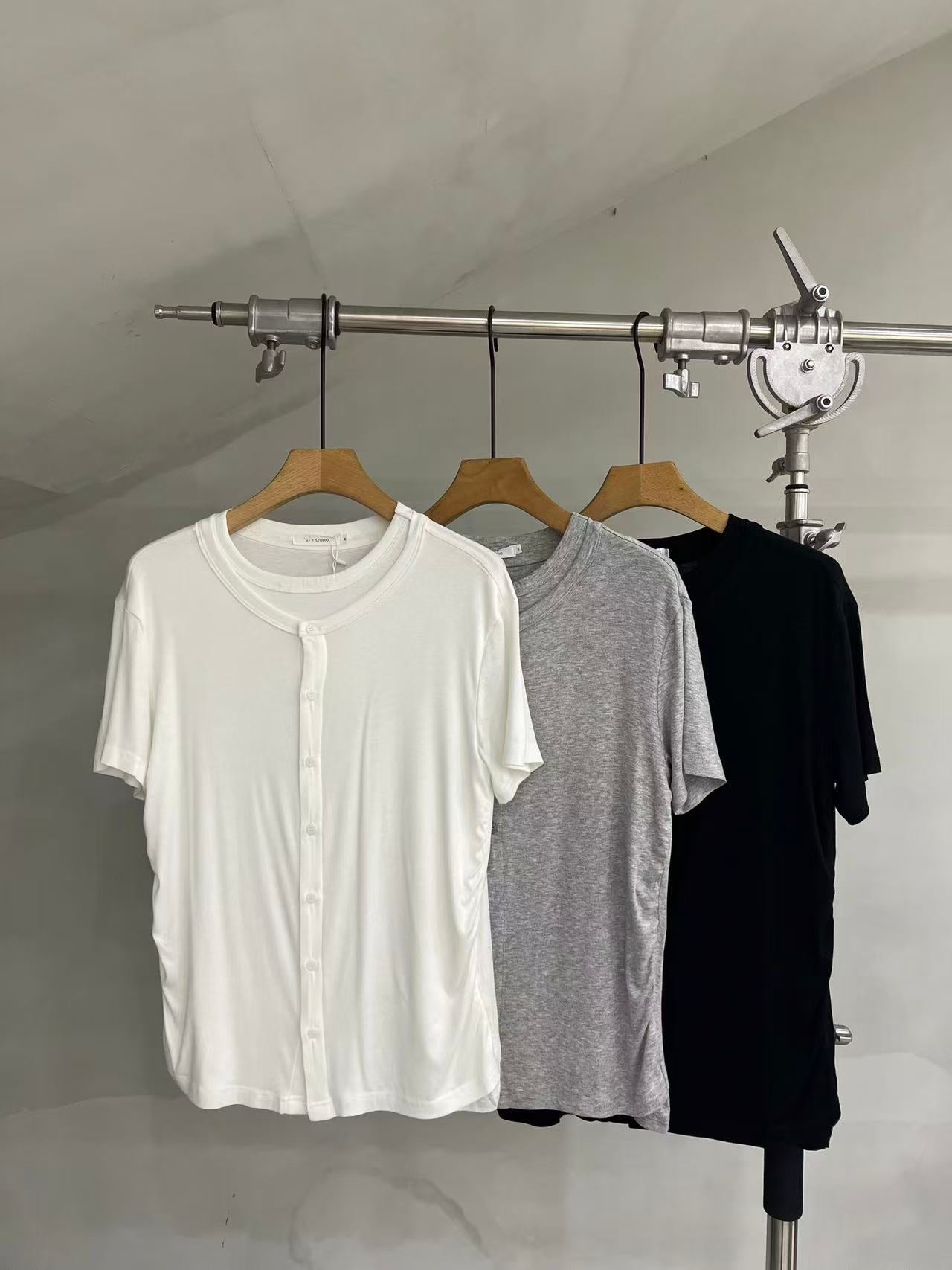 Layered-Neck Button-Front Short-Sleeve Tee