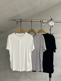 Layered-Neck Button-Front Short-Sleeve Tee