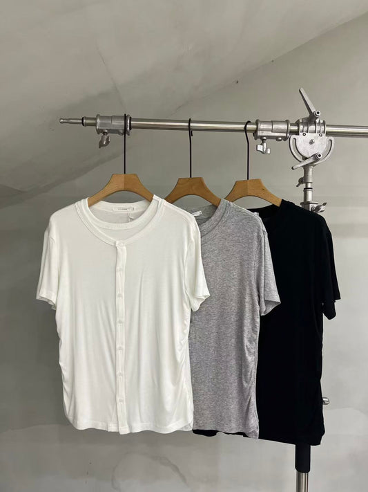 Layered-Neck Button-Front Short-Sleeve Tee