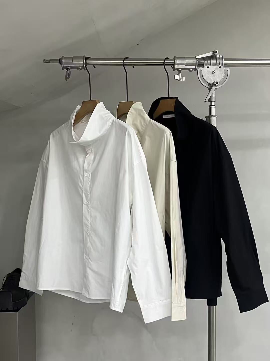 Draped Funnel-Neck Cotton Shirt