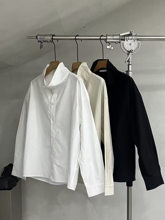 Draped Funnel-Neck Cotton Shirt