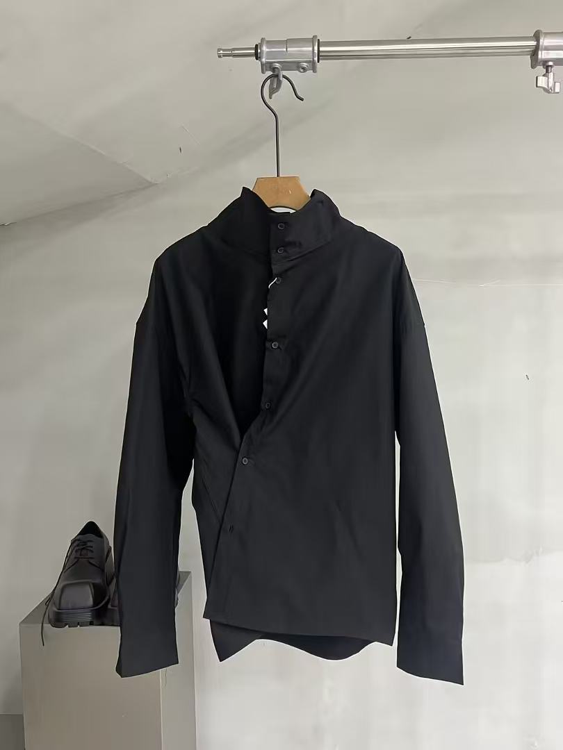 Draped Funnel-Neck Cotton Shirt