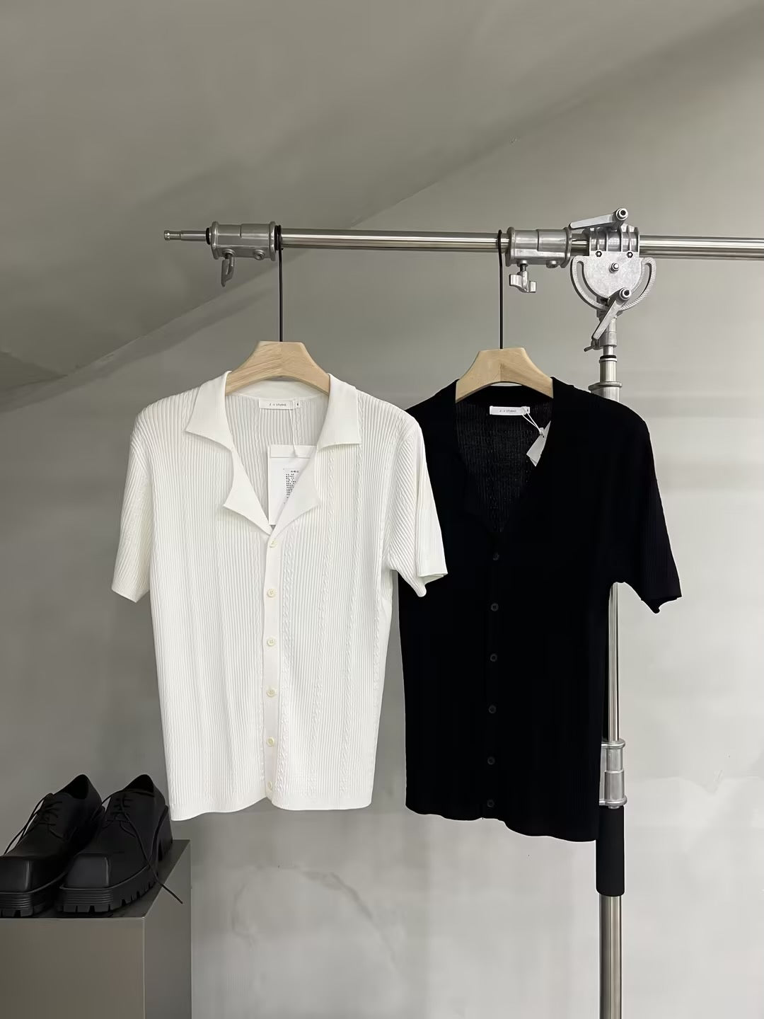 Textured Knit Relaxed Button-Up Short Sleeve Shirt