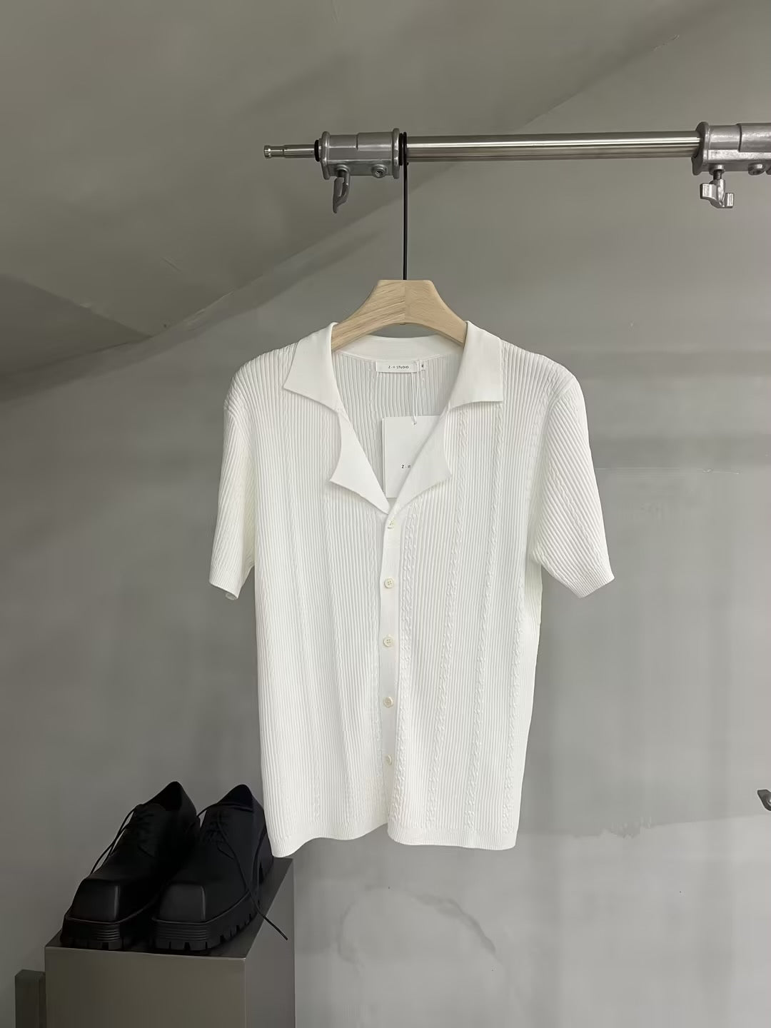 Textured Knit Relaxed Button-Up Short Sleeve Shirt