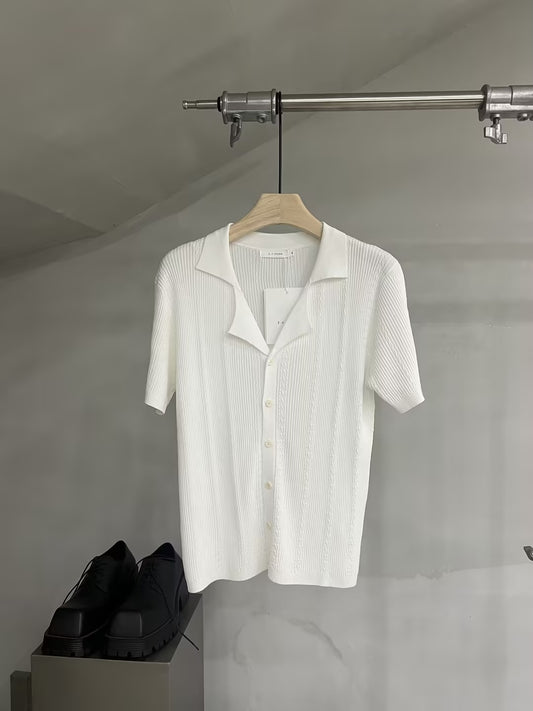 Textured Knit Relaxed Button-Up Short Sleeve Shirt