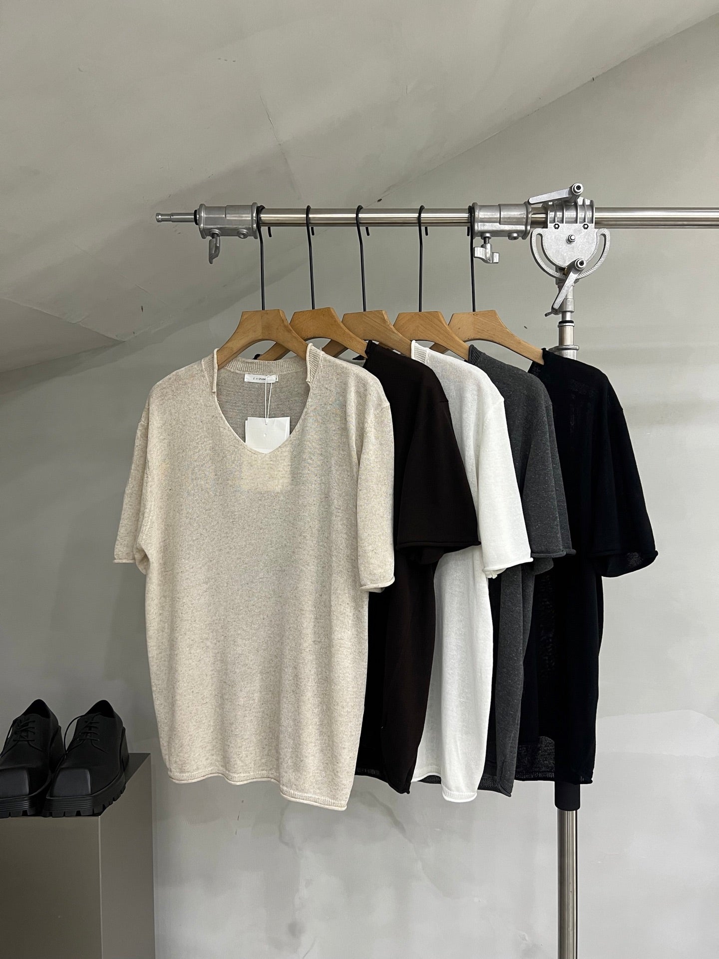 Soft-Texture Relaxed Knit Deep V-Neck T-Shirt