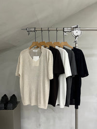 Soft-Texture Relaxed Knit Deep V-Neck T-Shirt