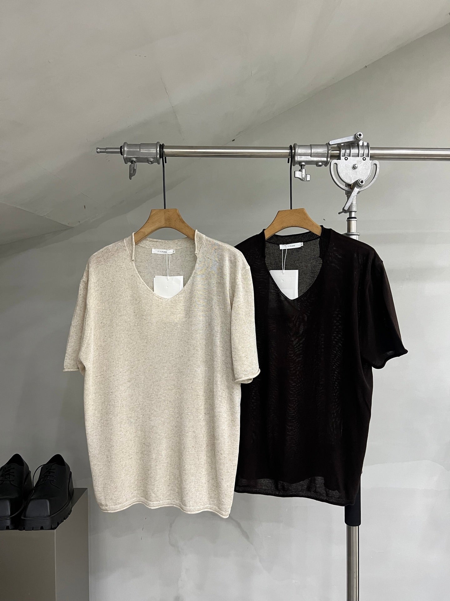 Soft-Texture Relaxed Knit Deep V-Neck T-Shirt