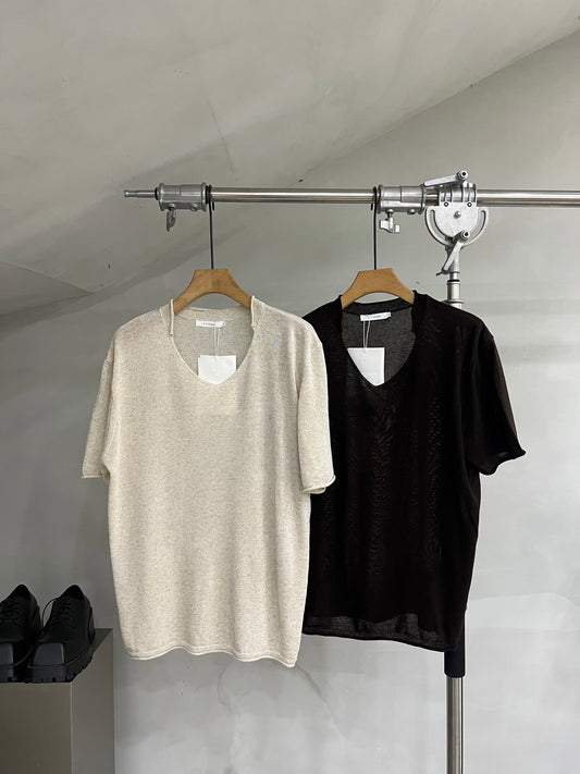 Soft-Texture Relaxed Knit Deep V-Neck T-Shirt