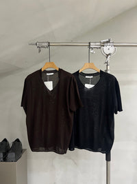 Soft-Texture Relaxed Knit Deep V-Neck T-Shirt