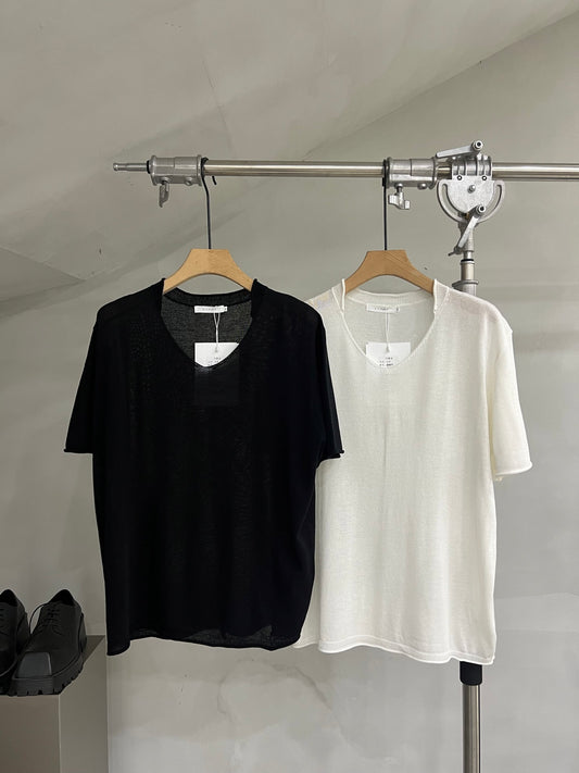 Soft-Texture Relaxed Knit Deep V-Neck T-Shirt