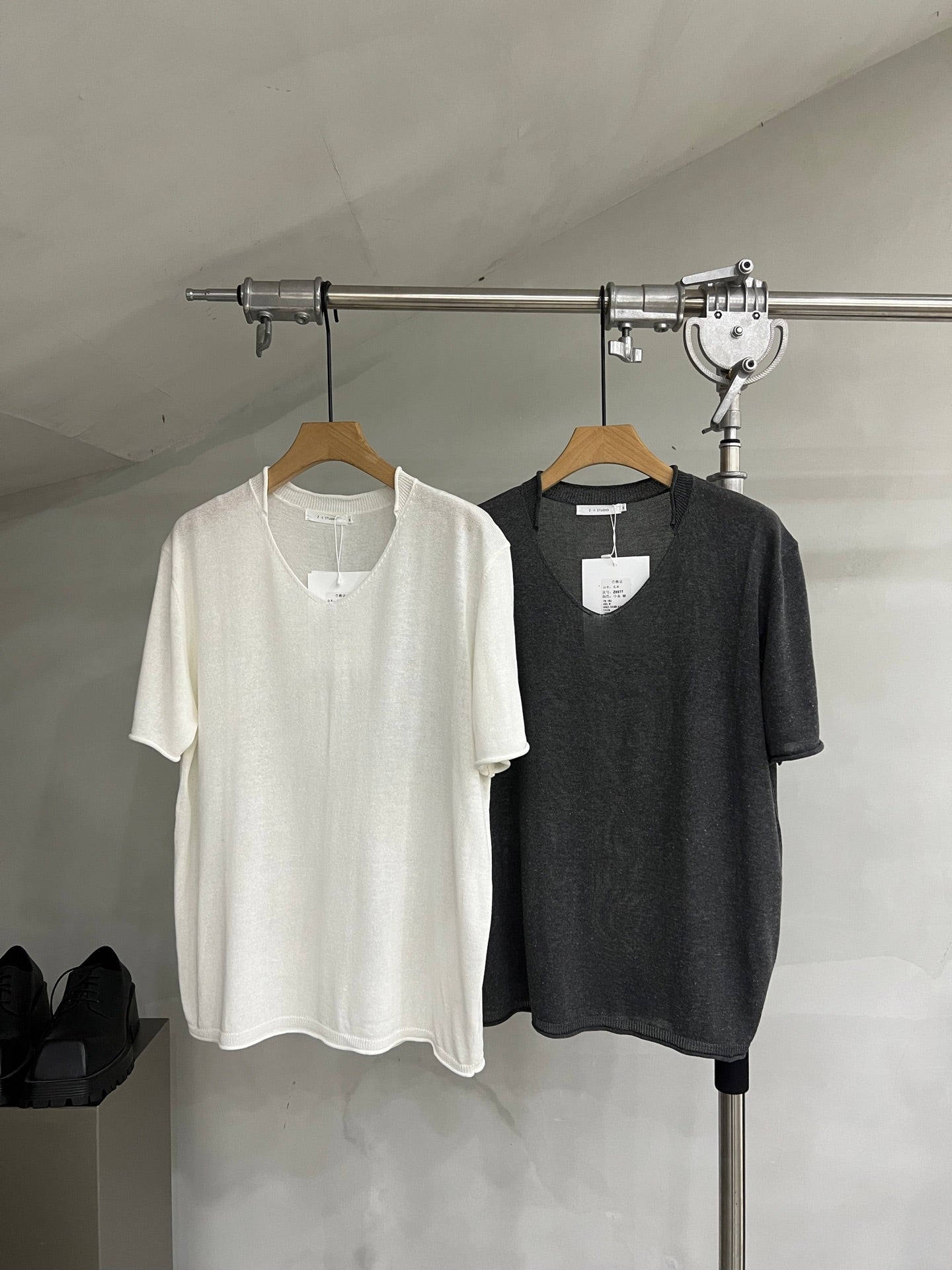 Soft-Texture Relaxed Knit Deep V-Neck T-Shirt