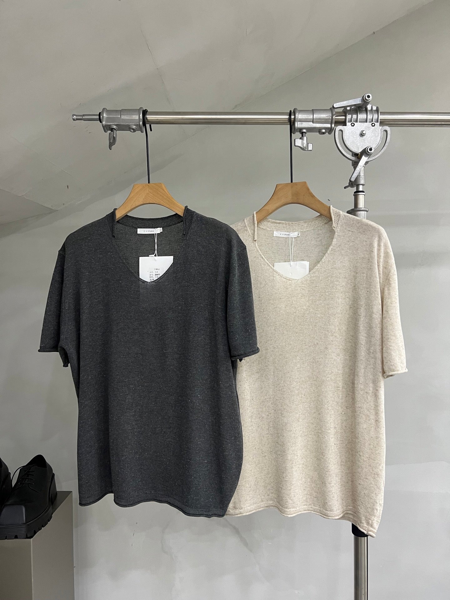 Soft-Texture Relaxed Knit Deep V-Neck T-Shirt