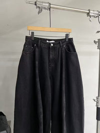 Dark-Wash Seam-Front Wide-Leg Jeans