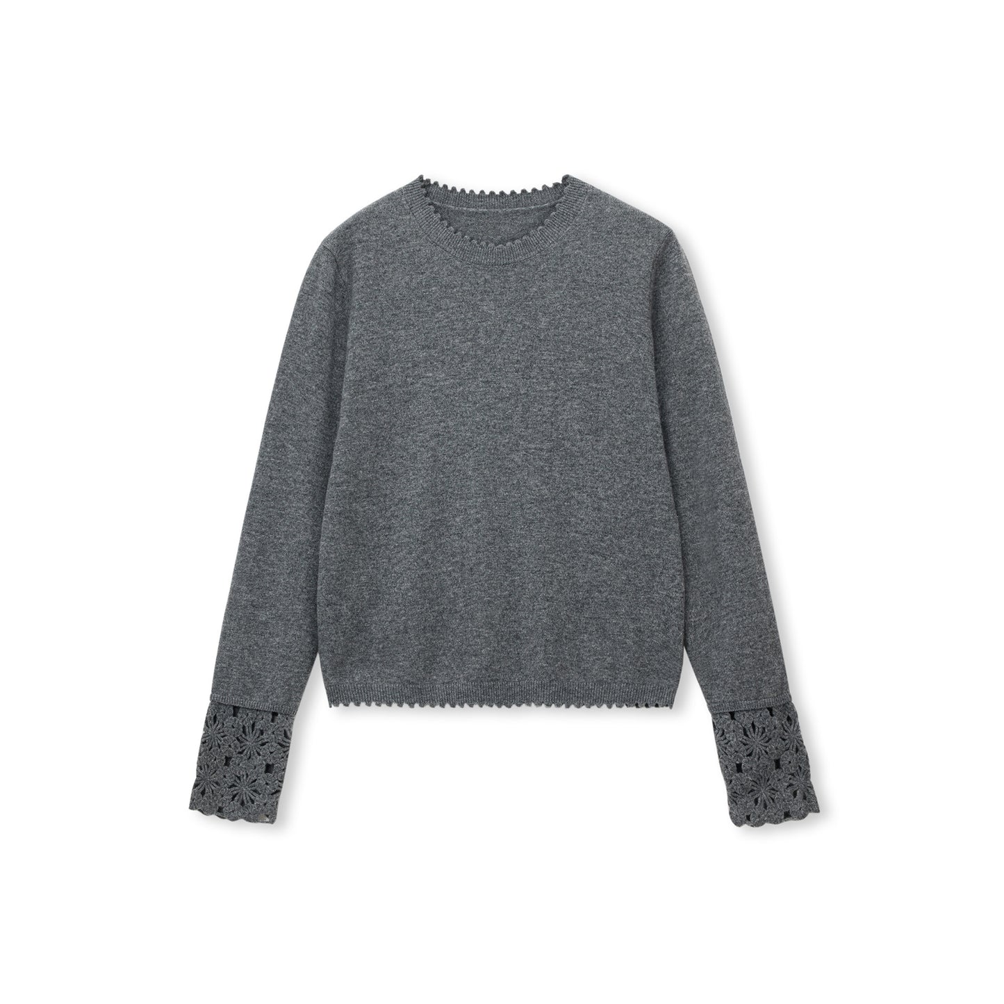 Crochet-Cuff Pullover Wool Crewneck Sweater