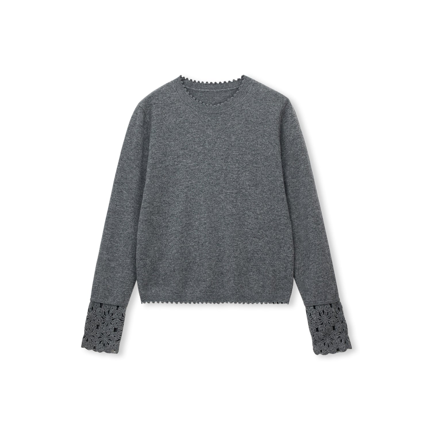 Crochet-Cuff Pullover Wool Crewneck Sweater
