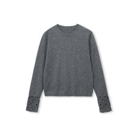 Crochet-Cuff Pullover Wool Crewneck Sweater