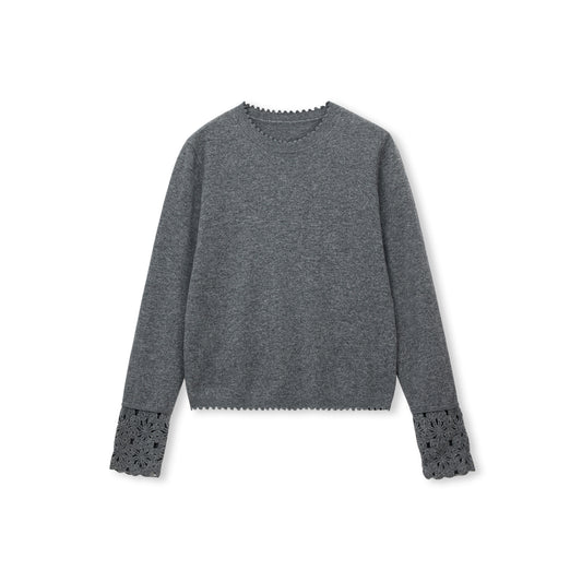 Crochet-Cuff Pullover Wool Crewneck Sweater