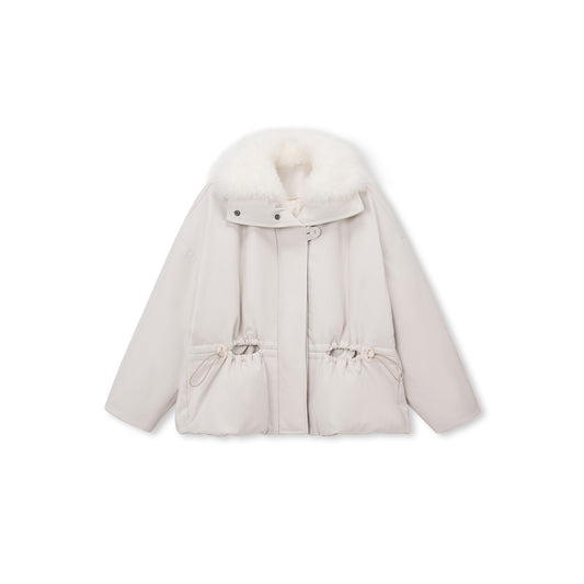 Plush-Collar Drawcord Goose Down Jacket
