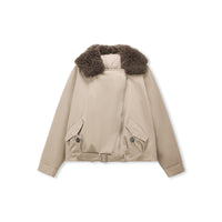 Sheepskin-Collar Cotton Down Bomber Jacket