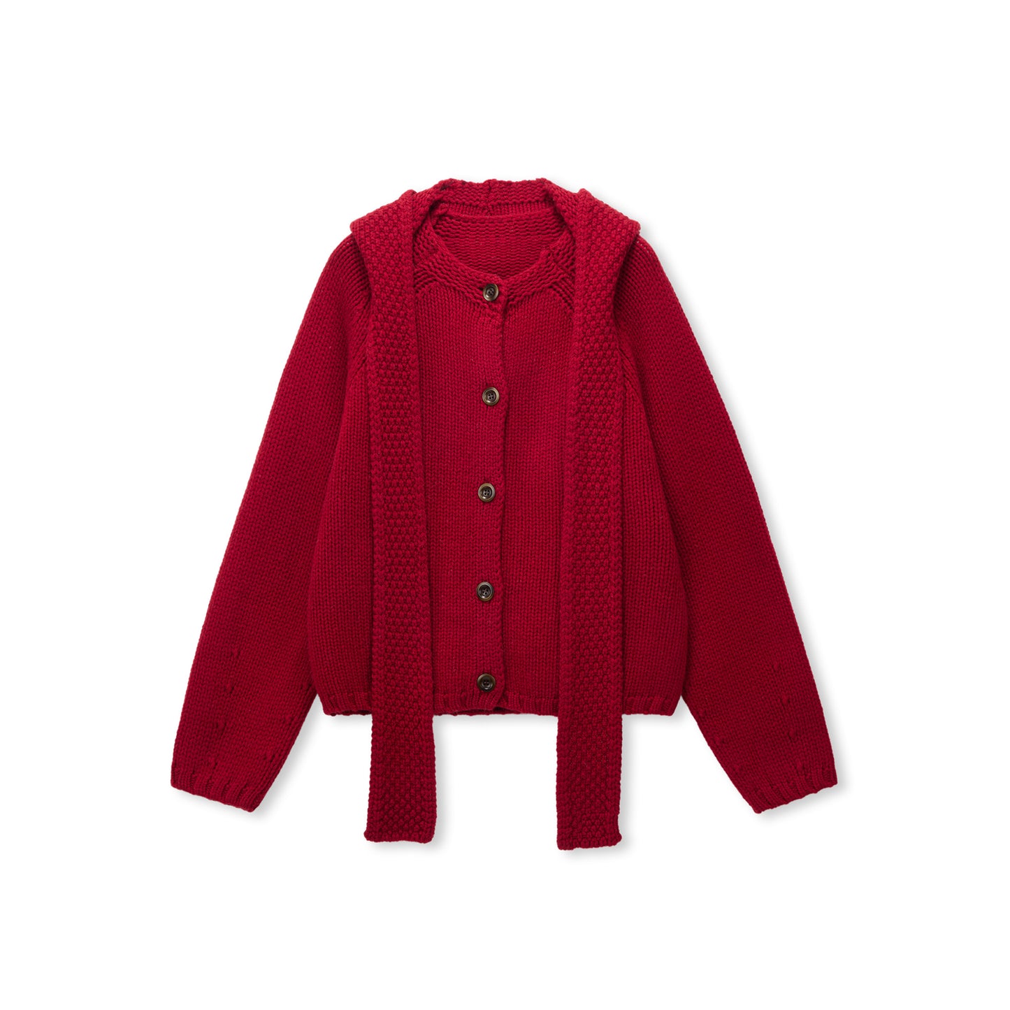 Scarf-Trim Wool Button Cardigan