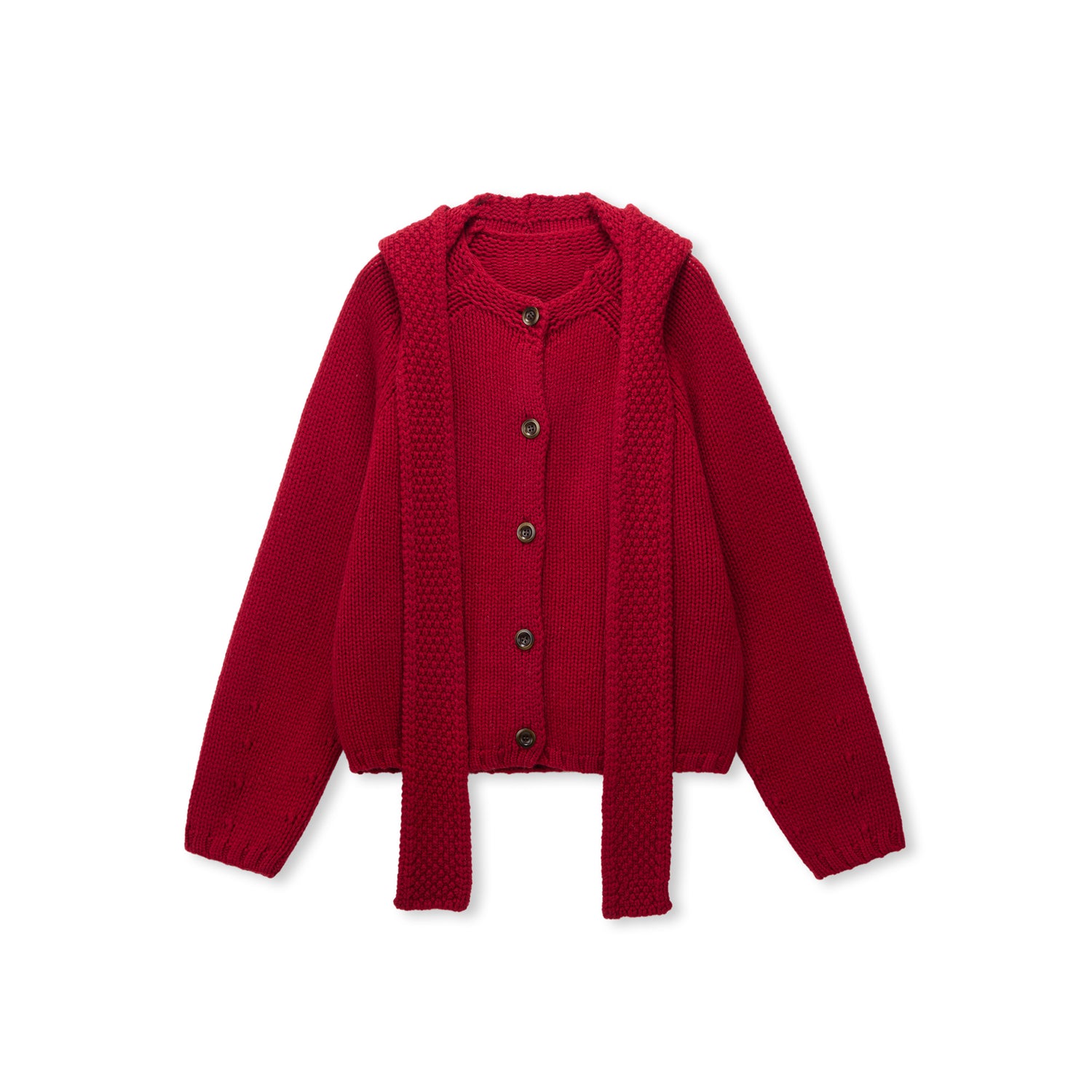 Scarf-Trim Wool Button Cardigan