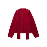Scarf-Trim Wool Button Cardigan