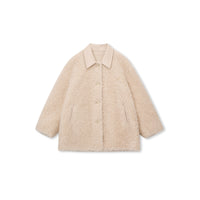 Leather-Collar Teddy-Texture Wool Jacket
