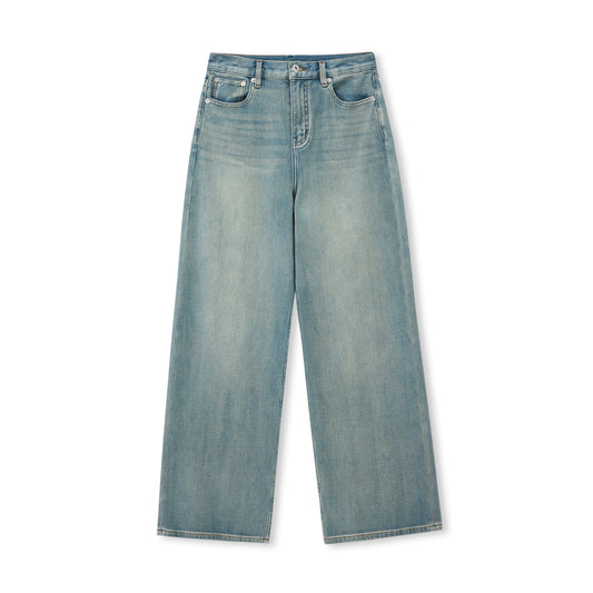 Washed High-Rise Cotton-Blend Wide-Leg Jeans