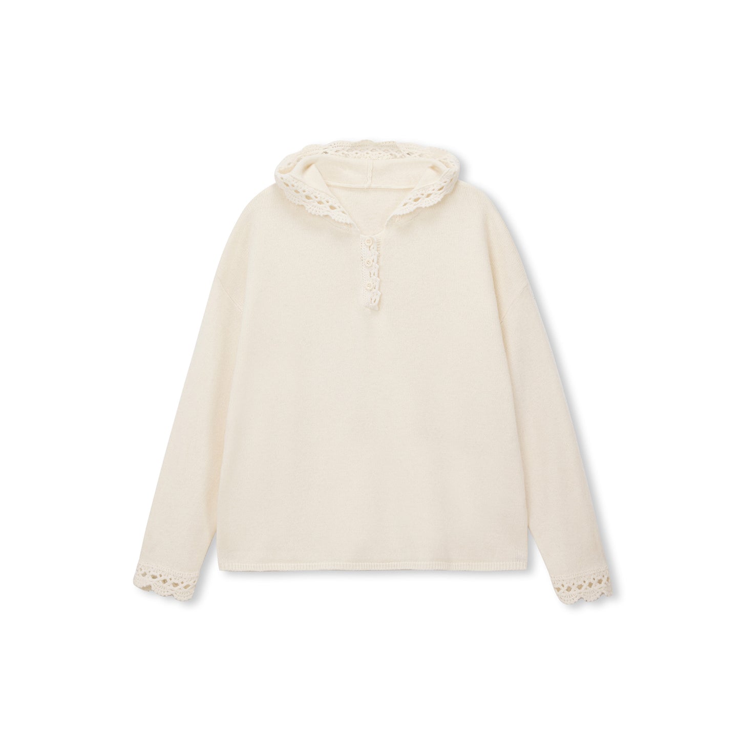 Crochet-Trim Hooded Wool Henley Sweater