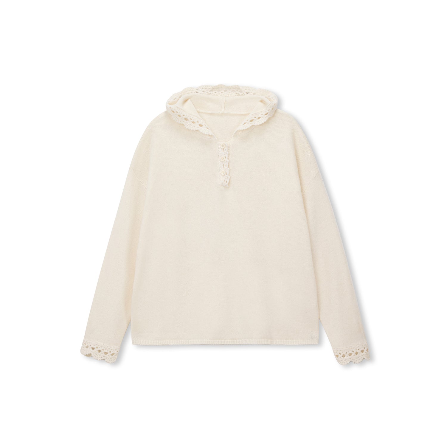 Crochet-Trim Hooded Wool Henley Sweater