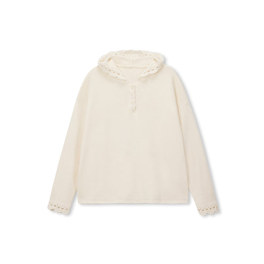 Crochet-Trim Hooded Wool Henley Sweater