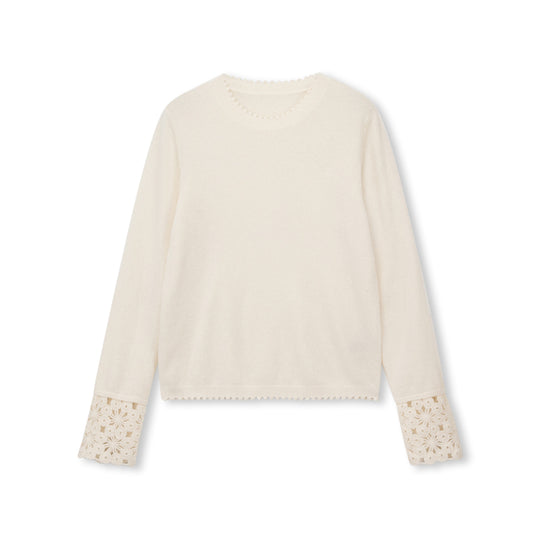 Crochet-Cuff Pullover Wool Crewneck Sweater