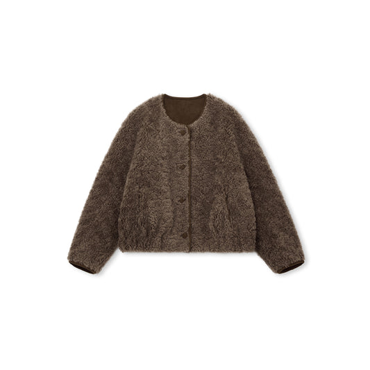 Shearling Button-Front Cropped Jacket