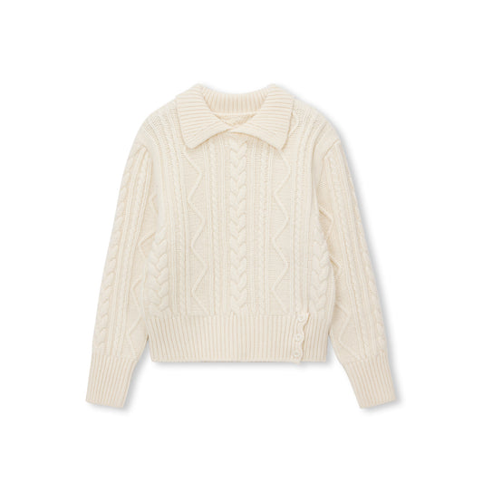 Side-Button Collared Cable-Knit Wool-Blend Sweater