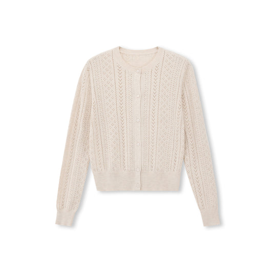 Pointelle-Knit Crewneck Cardigan