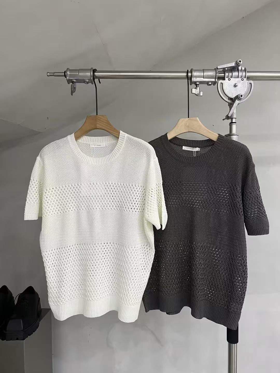 Open-Knit Panel Short-Sleeve Sweater