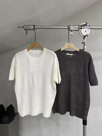 Open-Knit Panel Short-Sleeve Sweater
