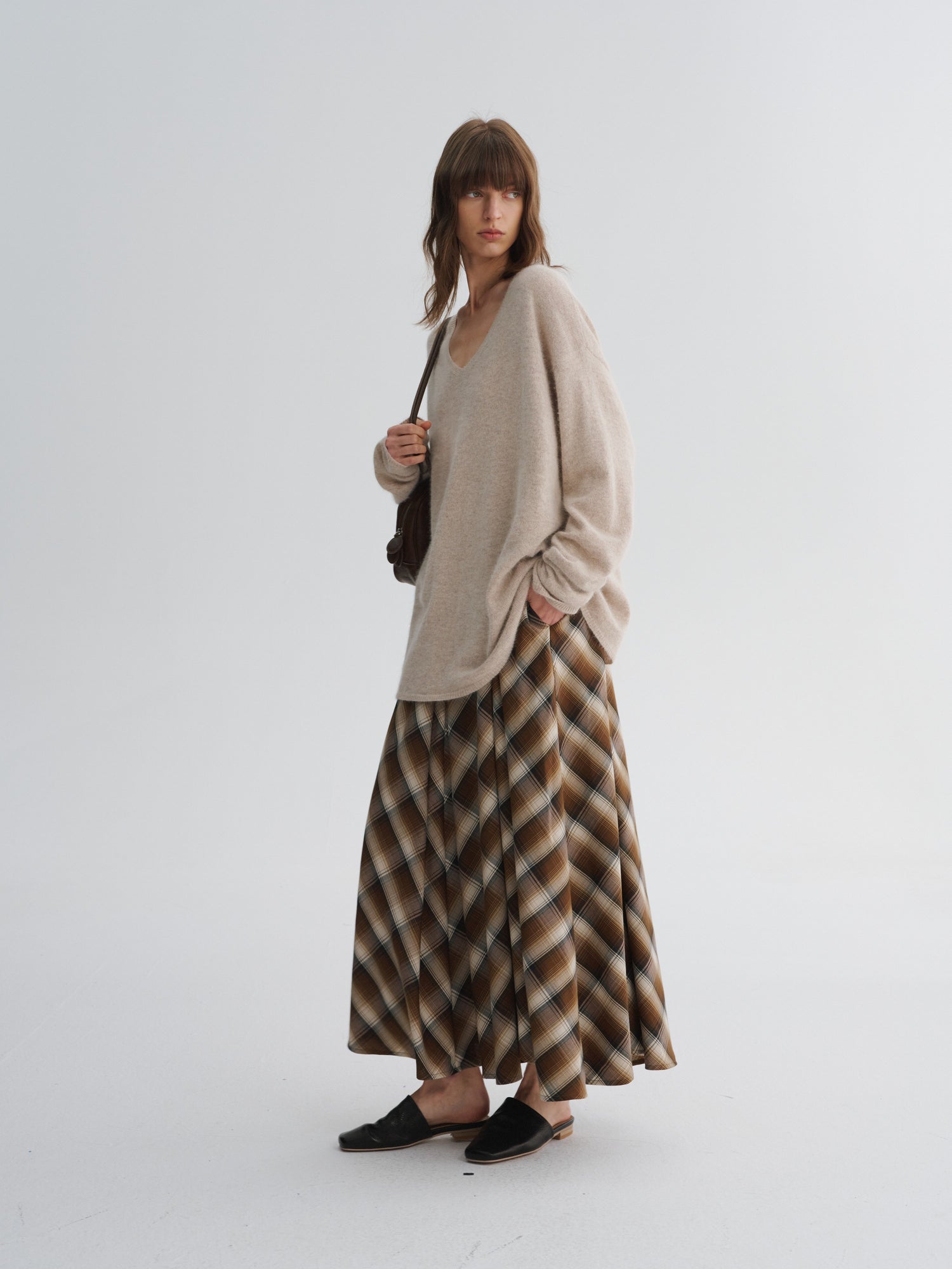 Bias-Cut Check Long Skirt