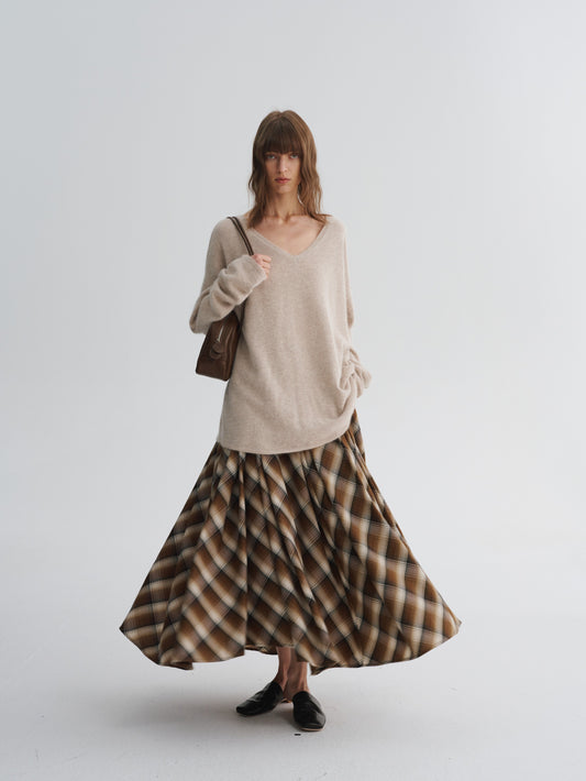 Bias-Cut Check Long Skirt