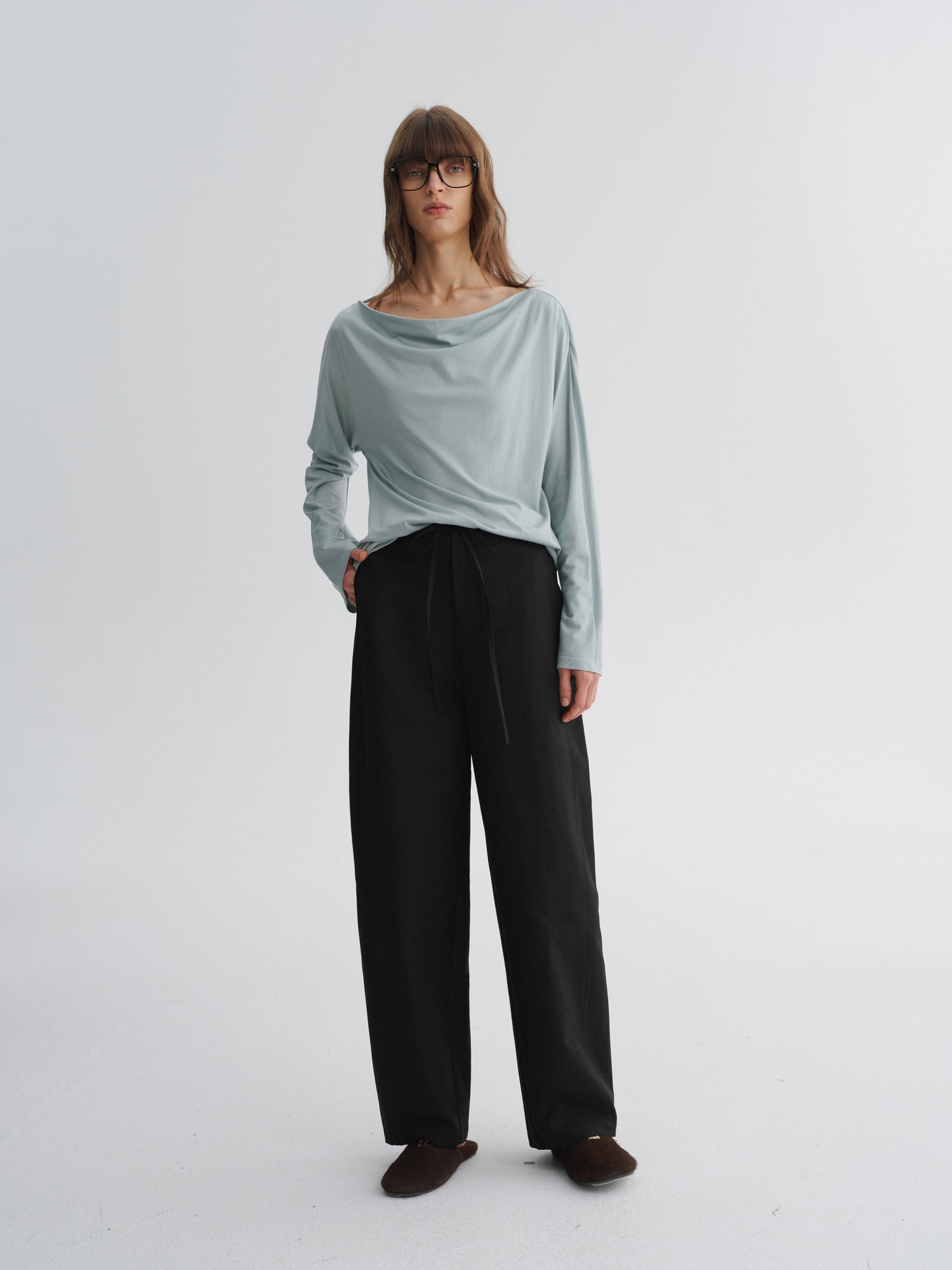 Draped-Neck Long-Sleeve Top