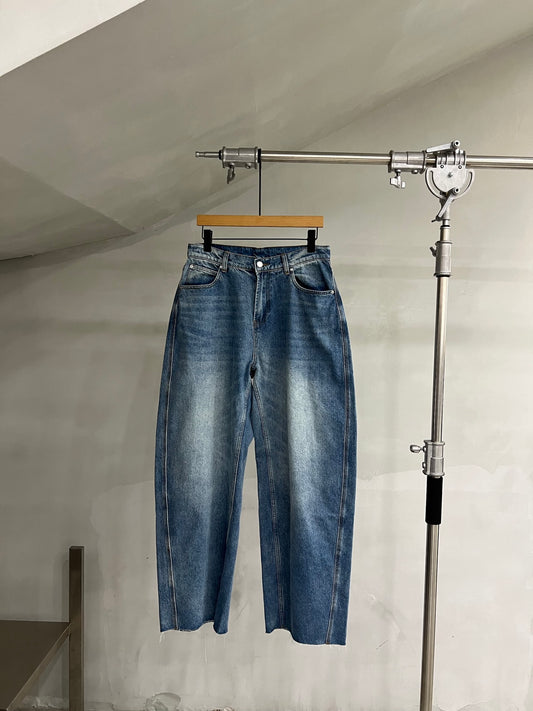 Washed-Effect Relaxed Wide-Leg Denim Trousers