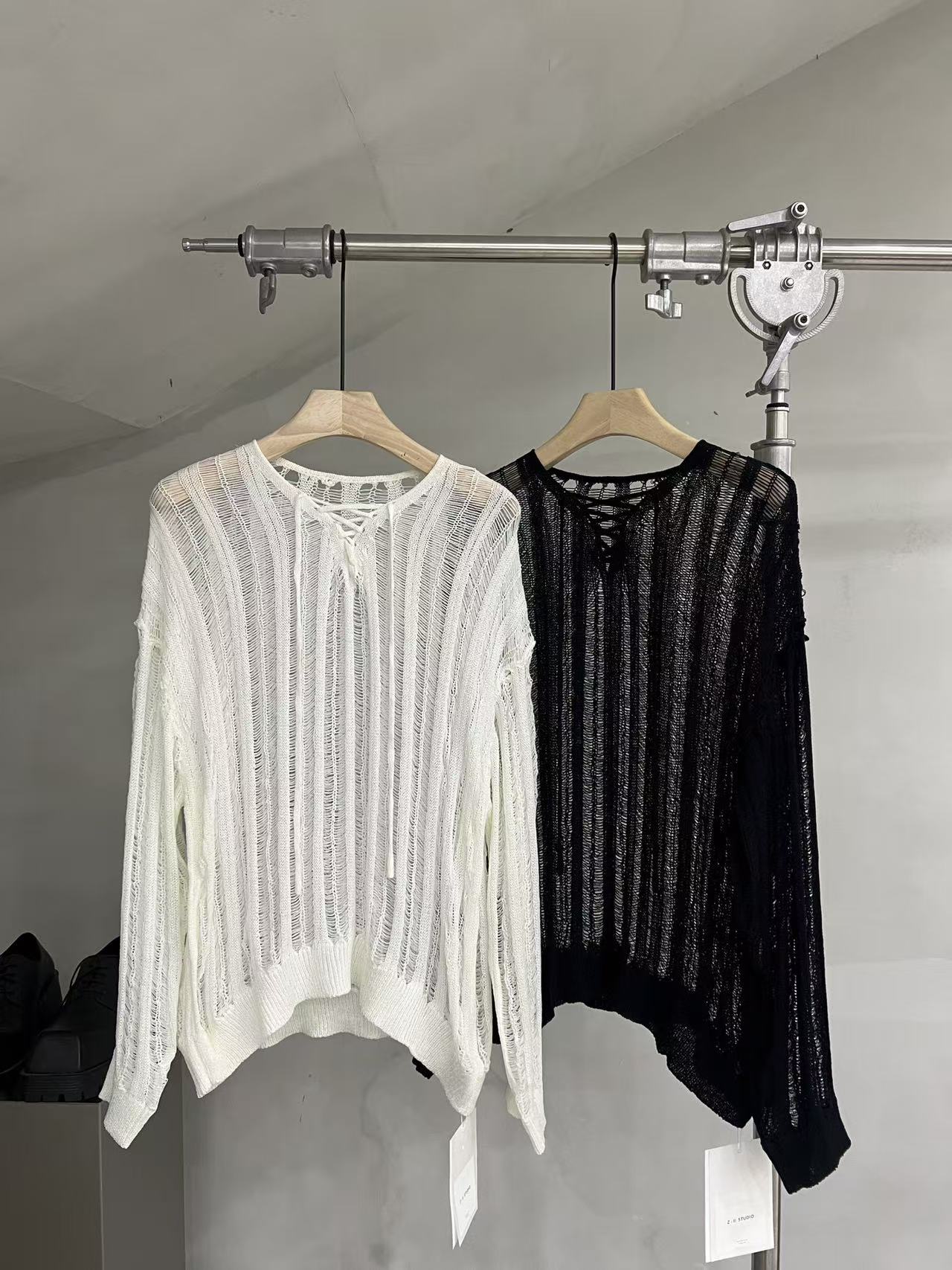Distressed Open-Knit Lace-Up Sweater