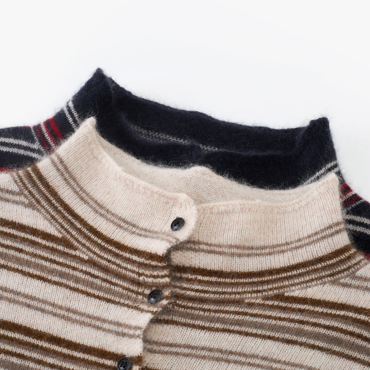 Striped Button-Front Wool-Blend Stand-Collar Cardigan