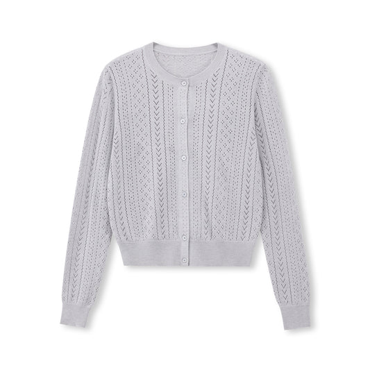 Pointelle-Knit Crewneck Cardigan