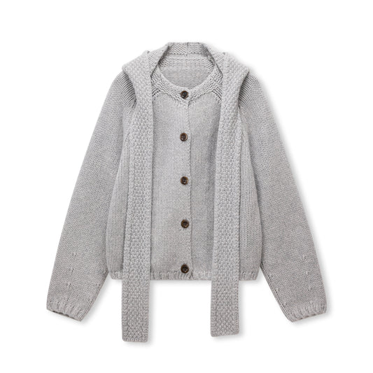 Scarf-Trim Wool Button Cardigan